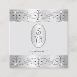 Extravagant Silver Grått Ornate Ornaments Monogram Fyrkantigt Visitkort