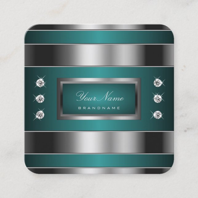 Extravagant Silver och Teal med Faux Rhinestones Fyrkantigt Visitkort (Framsida)