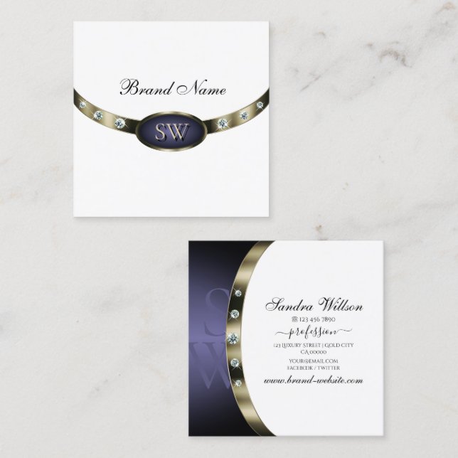 Extravagant White Blue Silver Chrome med Monogram Fyrkantigt Visitkort (Fram/baksida)