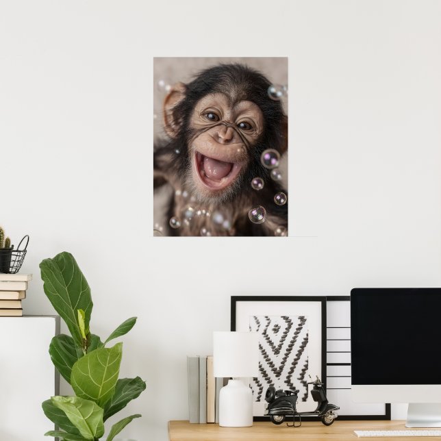 Extrem närbild på lycklig schimpansbaby poster (Hemmakontoret)