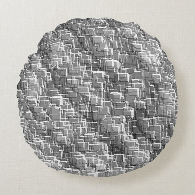 Extrem övertäckning  av grått-präglade kvadrater rund kudde (Framsidan)