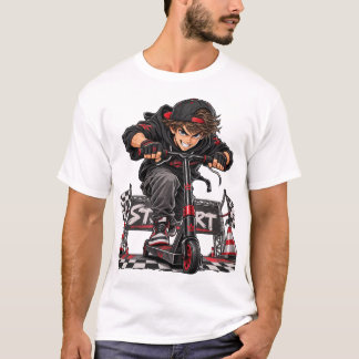 Extrem stunt-scooterracerkåpa med anime-inspirerad t shirt