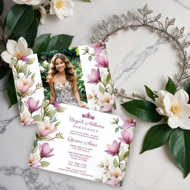 Exuberant Lovely Spring Magnolia Frame Garlands  Inbjudningar (Exuberant Lovely Spring Magnolia Frame Garlands Spanish Photo Mis XV Invitations Cards in Pink.)