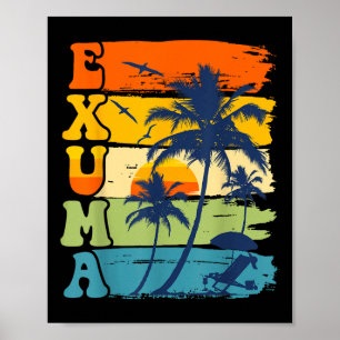 Exuma Bahamas Retro Handflatan Träd Beach Summer V Poster