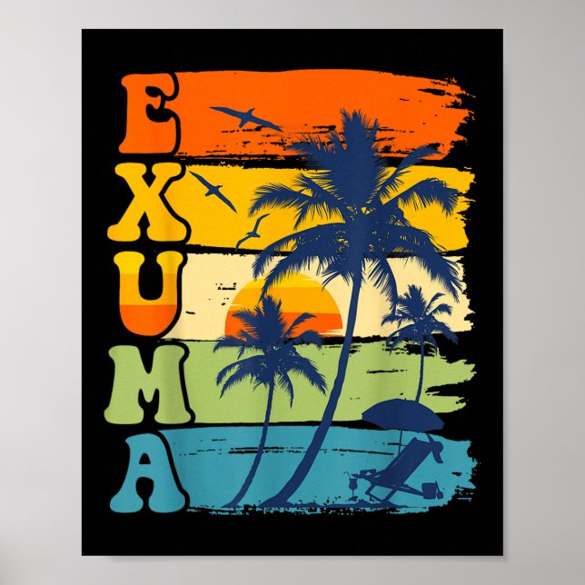 Exuma Bahamas Retro Handflatan Träd Beach Summer V Poster (Framsidan)