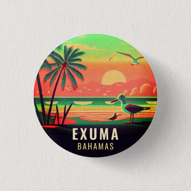 Exuma Bahamas Retro Sunset Fiskmås Souvenir 1950-t Knapp (Framsida)