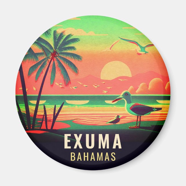 Exuma Bahamas Retro Sunset Fiskmås Souvenir 1950-t Magnet (Framsidan)