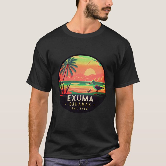 Exuma Bahamas Retro Sunset Fiskmås Souvenir 1950-t T Shirt (Framsida)