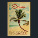 Exuma Handflatan Träd Vintage resor Poster<br><div class="desc">En unik,  gammal modern Exuma Bahamas-konst i mitten av århundradet i vintage resor poster stil. Den har en böjd handflatan träd på sandstranden med hav under ett blått grumligt himlar.</div>