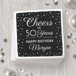 EY Birthday Cheers Black, White & Silver Glitter Pappersservett<br><div class="desc">Lägg till en personlig för elegant till dekorationer för födelsedagsfest med dessa pappra blöjor för anpassningsbar. Anpassadet "Cheers to 50 Years" och silver faux glitter konetti-konfektyrer har en svart bakgrund. Den här mallen har skapats för 50-årsfirande,  men är enkel att anpassa till ett annat år. Grattis på födelsedagen!</div>