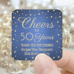EY Birthday Cheers Brushed Blue och Guld Confetti Fyrkantigt Klistermärke<br><div class="desc">Tillsätt en personlig som avslutar beröring till födelsedagsfest tackkort eller gynnar med dessa blå och guld-klistermärken/kuvertförseglingar. Den här mallen har skapats för en 50-årsdag, men är enkel att anpassa till ett annat år eller en annan händelse, t.ex. en årsdag. Folien med designfunktioner ser ut som konfetti-punkter på royalets blå faux...</div>