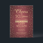 EY Birthday Cheers Brushed Burgundy Guld Confetti Inbjudningar<br><div class="desc">Familjen inbjudan och vänner till en elegant-födelsedagsfirande med anpassningsbar burgundi och guld-inbjudningar. Alla formuleringar i den här mallen (inklusive "Cheers to 50 Years") har skapats för en 50-årsdag, men är enkla att anpassa för varje år eller händelsetyp. Utformningen har moderna glitterikonfektuationer på en röd, brustad metallisk bakgrund, snyggt-manusgrafi och klassisk...</div>