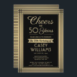 EY Birthday Cheers Classic Gräns Black och Guld Inbjudningar<br><div class="desc">Familjen inbjudan och vänner till en elegant-födelsedagsfirande med anpassningsbar svarta och faux guld-festinbjudningar. Alla formuleringar i den här mallen (inklusive "Cheers to 50 Years") har skapats för en 50-årsdag, men är enkla att anpassa för varje år eller händelsetyp. Utformningen har en modern faux foil gräns, snyggt script calligraphy och klassisk...</div>