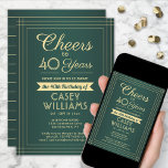 EY Birthday Cheers Classic Gräns Grönt och Guld Inbjudningar<br><div class="desc">Familjen inbjudan och vänner till en elegant-födelsedagsfirande med inbjudningar till anpassningsbar grönt och guld-fester. Alla formuleringar i den här mallen (inklusive "Cheers to 40 Years") har skapats för en 40-årsdag, men är enkla att anpassa för alla år eller händelsetyper. Utformningen har en modern stripe-gräns på gröntens bakgrund, kalligrafi av snyggten...</div>