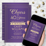 EY Birthday Cheers Classic Gräns Lila och Guld Inbjudningar<br><div class="desc">Inbjudan familj och vänner till en elegant-födelsedagsfirande med inbjudningar från anpassningsbar lila och guld. Alla formuleringar i den här mallen (inklusive "Cheers to 40 Years") har skapats för en 40-årsdag, men är enkla att anpassa för alla år eller händelsetyper. Utformningen har en modern stripe gräns på en lila monberns bakgrund,...</div>