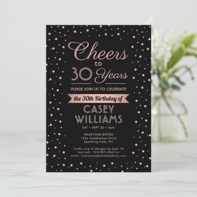 EY Birthday Cheers Elegant Black & Rosa Confetti Inbjudningar (Stående Fram)
