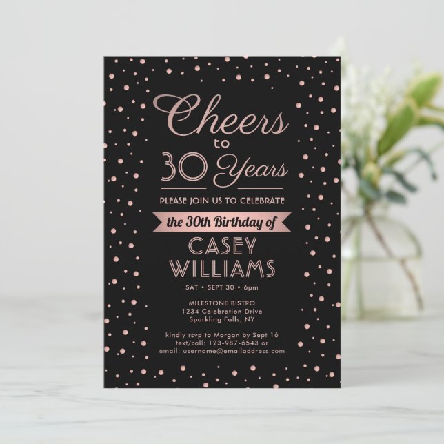 EY Birthday Cheers Elegant Black & Rosa Confetti Inbjudningar (Stående Fram)
