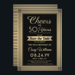 EY Birthday Cheers Elegant Classic Black and Guld Spara Datumet<br><div class="desc">Familjen inbjudan och vänner till en elegant-födelsedagsfirande med anpassningsbar svart och faux guld-folie sparar datuminbjudningarna från festen. Alla formuleringar i den här mallen (inklusive "Cheers to 50 Years") har skapats för en 50-årsdag, men är enkla att anpassa för varje år eller händelsetyp. Utformningen har en modern faux foil gräns, snyggt...</div>