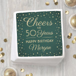 EY Birthday Cheers Elegant Grönt och Guld Glitter Pappersservett<br><div class="desc">Lägg till en personlig för elegant till dekorationer för födelsedagsfest med dessa anpassningsbar grönt och guld pappra servetter. Anpassadet "Cheers to 50 Years" och guld faux glitter konetti-prickar på gröntens bakgrund har modern manusgrafi. Observera att texten skrivs ut färg, inte metallfolie. Den här mallen har skapats för ett gyllene 50-årsfirande,...</div>