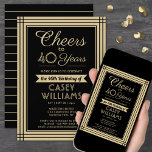 EY Birthday Cheers hämtningsbara Black och Guld Inbjudningar<br><div class="desc">Familjen Inbjudan och vänner till en elegant-födelsedagsfirande med anpassningsbar svarta och guld-inbjudningar. Alla formuleringar i den här mallen (inklusive "Cheers to 40 Years") har skapats för en 40-årsdag, men är enkla att anpassa för alla år eller händelsetyper. Utformningen har en modern gräns, kalligrafi av snyggten och klassisk vintage-dekotypografi. Observera att...</div>