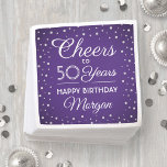 EY Birthday Cheers Silver Glitter Lila & White Pappersservett<br><div class="desc">Lägg till en personlig i eleganten till födelsedagsfestens dekorationer med dessa lilorna blöjor för anpassningsbar, vit och faux silver glitter. Anpassadet "Cheers to 50 Years" (Cheers to 50 Years) och simulerade glitter-konetti-punkter har en lila bakgrund. Den här mallen har skapats för 50-årsfirande, men är enkel att anpassa till ett annat...</div>
