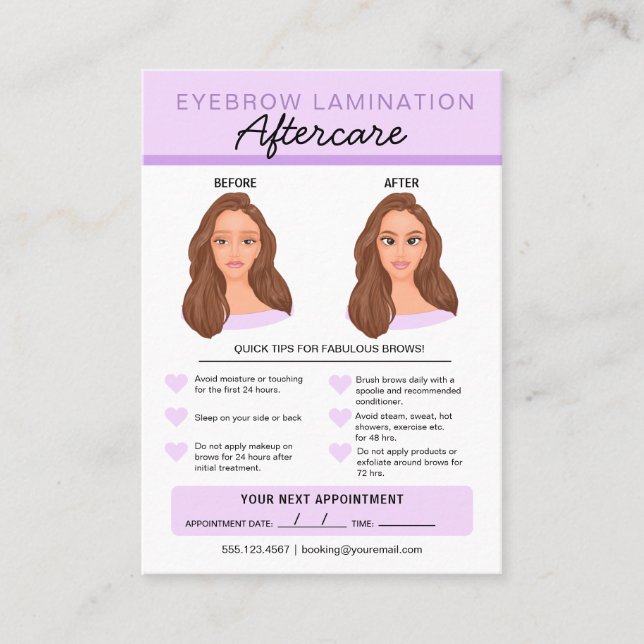 Eyebrow Lamination Aftercare Instruktioner Visitkort (Framsida)