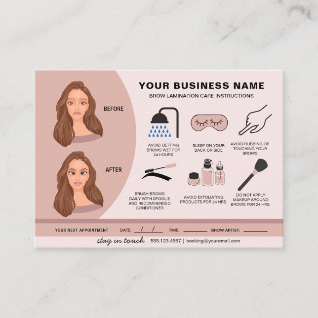 Eyebrow Lamination Aftercare Instruktioner Visitkort (Framsida)