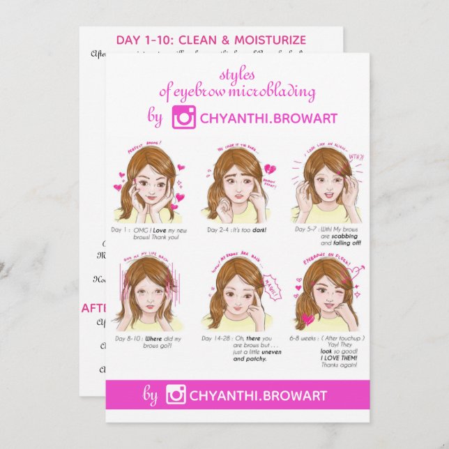 Eyebrow Microblading Aftercare Instruction Rosa Inbjudningar (Fram/baksida)