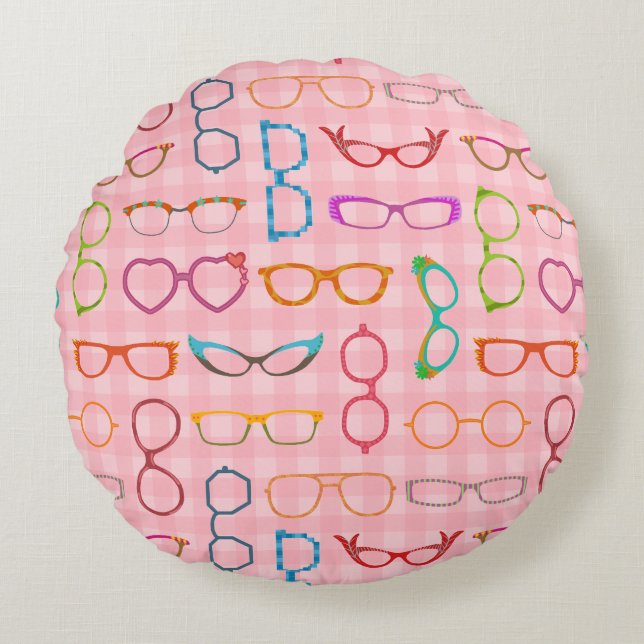 Eyeglasses Retro Modern Hipster med Rosa Gingham Rund Kudde (Framsidan)