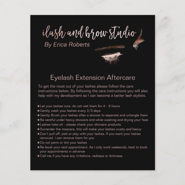 Eyelash & Brow Makeup Artist Eftervård Instruction Flygblad (Framsidan)
