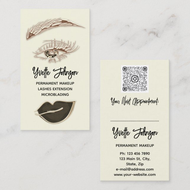 Eyelash Brow Makeup Logotyp QR kod Lip Guld Brown Visitkort (Fram/baksida)