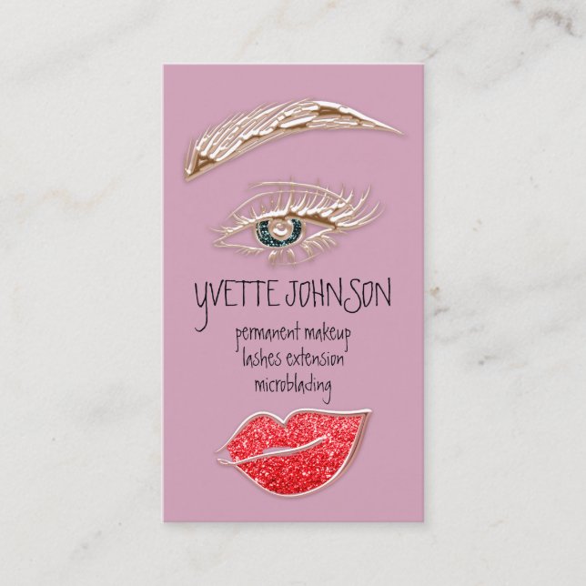 Eyelash Brow Makeup Logotyp QRCode Kiss Läppar Ro Visitkort (Framsida)