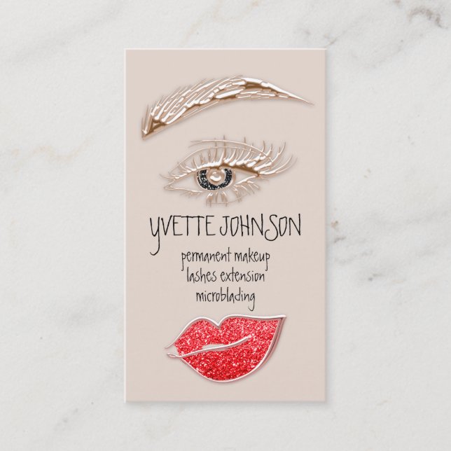 Eyelash Brow Makeup Logotyp QRCode Läppar Ro Red Visitkort (Framsida)