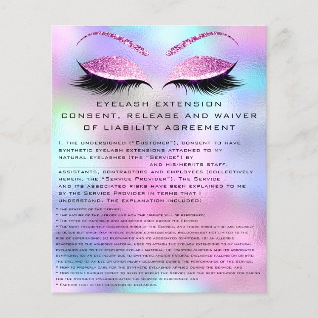 EYELASH EXTENSION CONSENT, FRISLÄPPANDE OCH AVSTÅE FLYGBLAD (Framsidan)