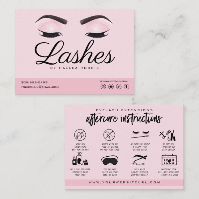 Eyelash Extension Eftervård Instruktioner Rosa Visitkort (Fram/baksida)