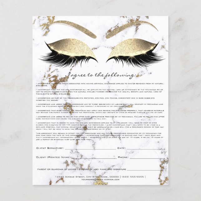 Eyelash Extension Liability Waiver Guld Marble Flygblad (Baksidan)