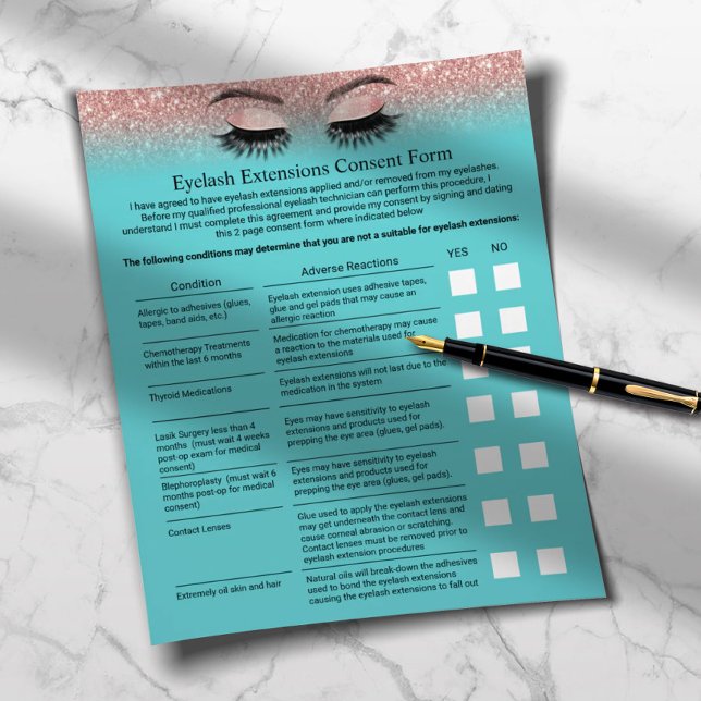 Eyelash Extension Liability Waiver Teal Ro Guld Flygblad (Skapare uppladdad)