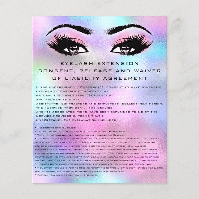 EYELASH EXTENSION RELEASE WAIVER Holograph Rosa Flygblad (Framsidan)