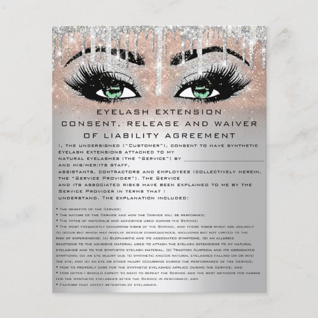 EYELASH EXTENSION RELEASING WAIVER Grönt Öga Flygblad (Framsidan)