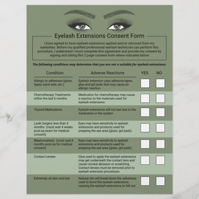 Eyelash Extensions Liability Waiver Grönt Salon Reklamblad (Framsidan)