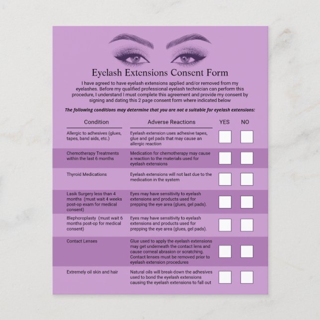 Eyelash Extensions Lila Liability Waiver Form Flygblad (Framsidan)