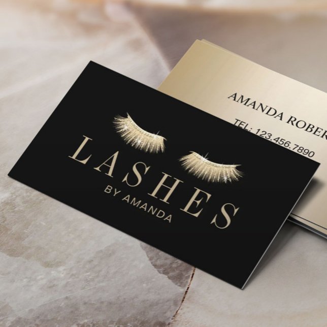 Eyelash Extensions Makeup Artist Modern Black Guld Visitkort (Skapare uppladdad)