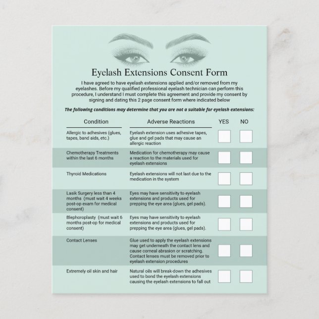 Eyelash Extensions Pastel Mint Liability Waiver Flygblad (Framsidan)