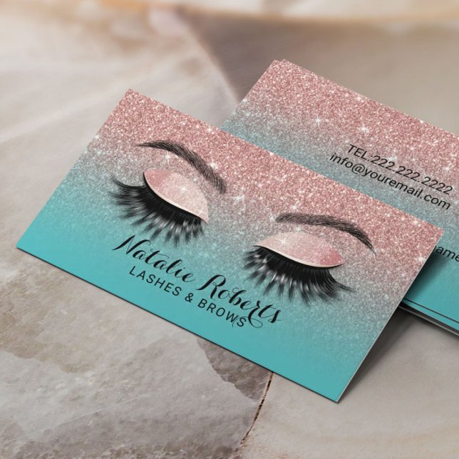 Eyelash Extensions Ro Guld & Teal Glitter Salon Visitkort (Skapare uppladdad)