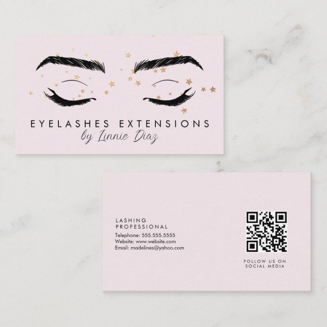 Eyelash Extensions Salon Faux Foil Stars Rosa Visitkort (Fram/baksida)