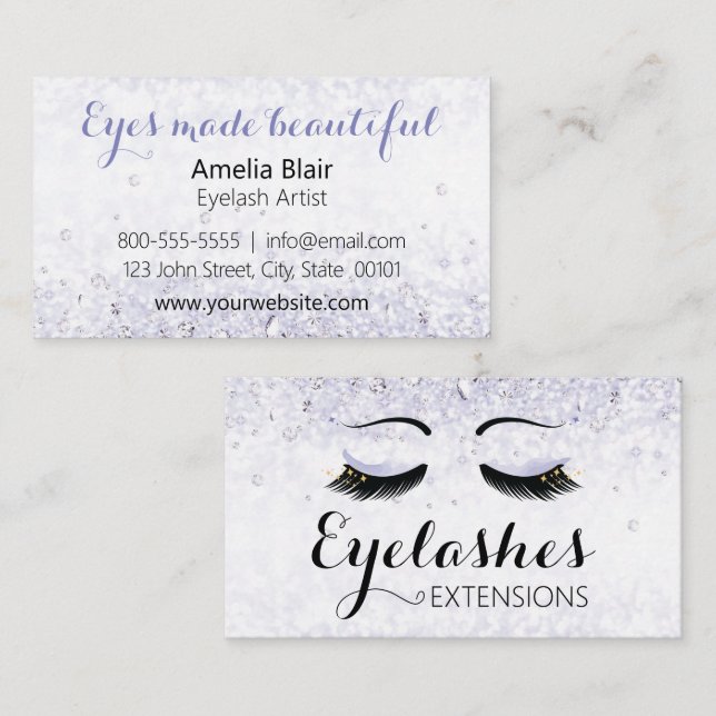 Eyelash Extensions Sparkles and Diamonds Lila Visitkort (Fram/baksida)