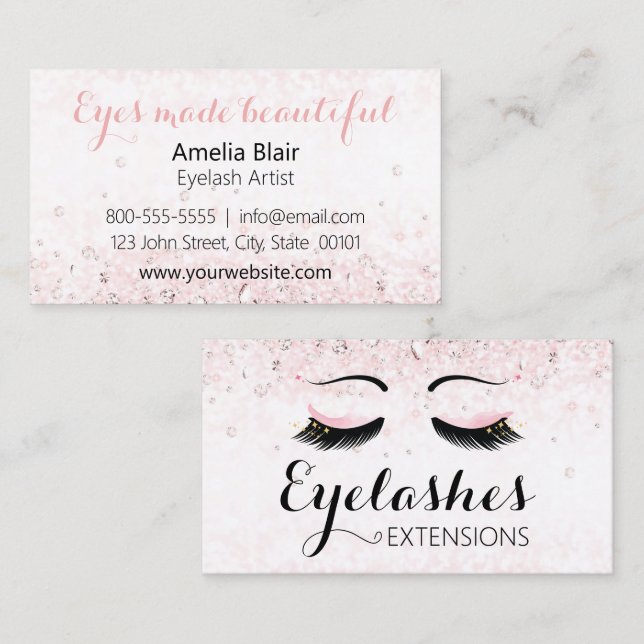 Eyelash Extensions Sparkles and Diamonds Rosa Visitkort (Fram/baksida)