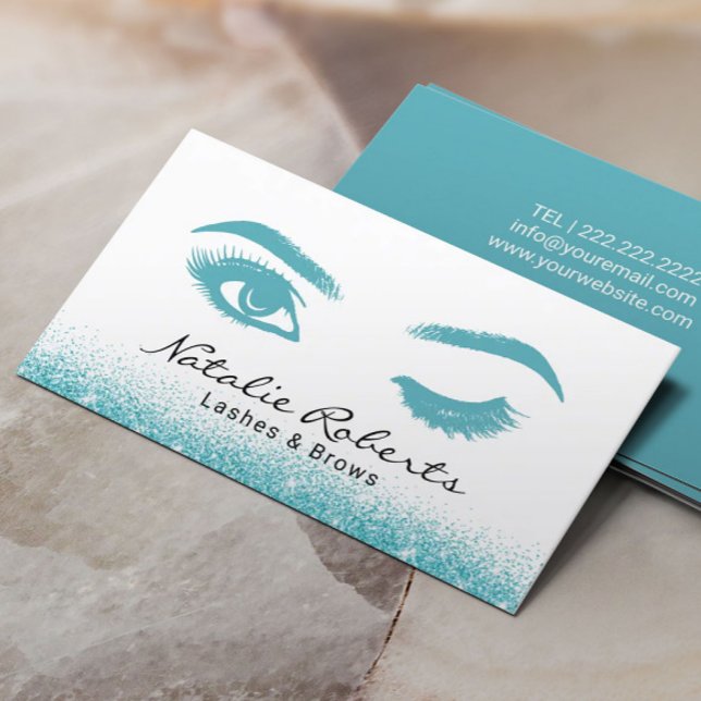 Eyelash Extensions Wink Öga Teal Glitter Salon Visitkort (Skapare uppladdad)