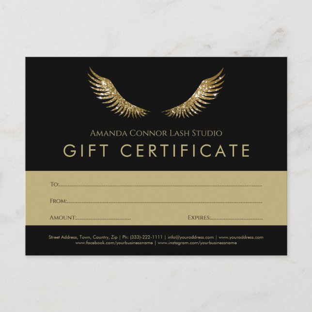 Eyelash Guld Vingar Black Gift Certificate Voucher Vykort (Framsida)