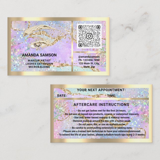 Eyelash Microblade QRCODE Aftercare Guld Holograph Visitkort (Fram/baksida)